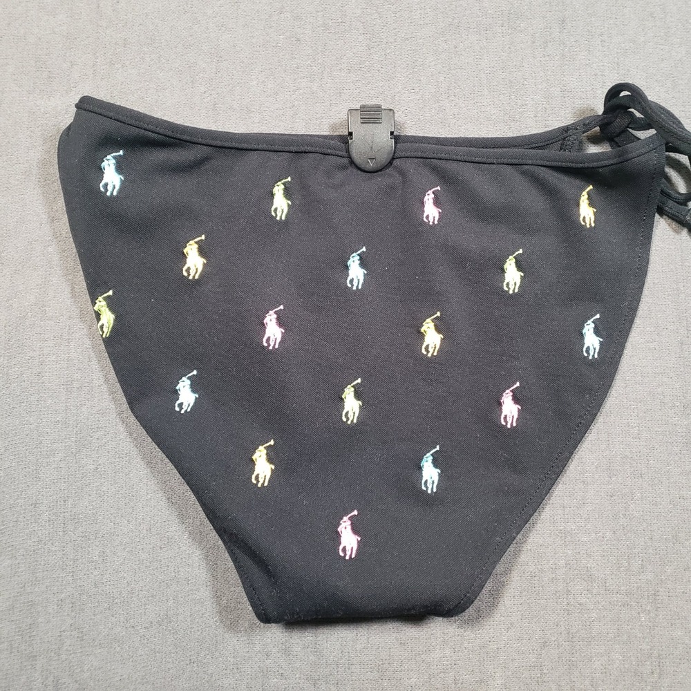 VTG Ralph Lauren Bikini Bottoms Womens L Black Multi Pony Embroidered Side Tie - Picture 2 of 5